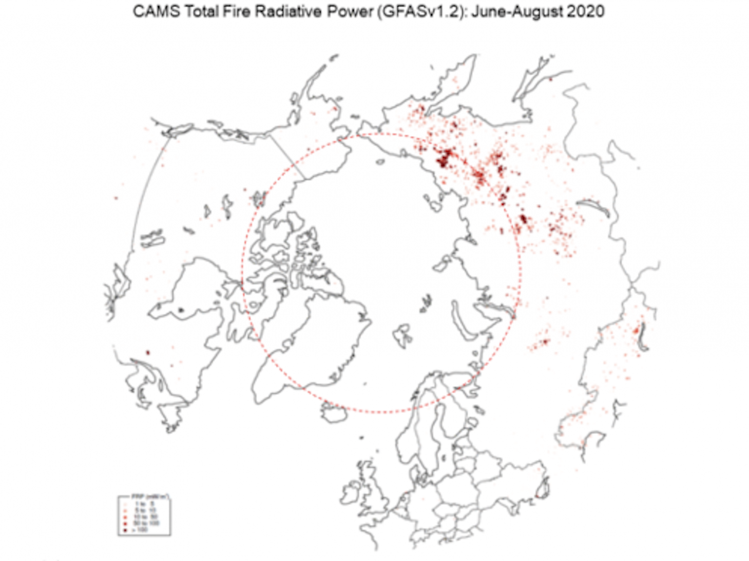 The Fire Radiative Power, a measure of heat output from wildfires, in the Arctic Circle between June and August 2020