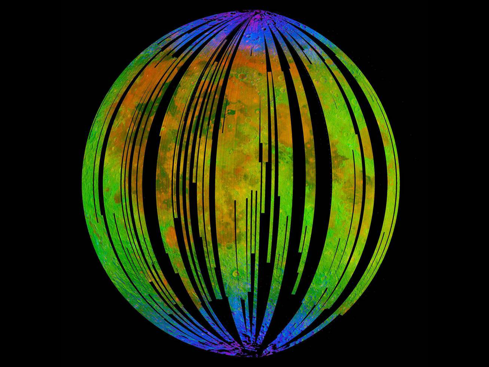 The blue areas in this composite image from the Moon Mineralogy Mapper (M3) aboard the Indian Space Research Organization's Chandrayaan-1 orbiter show water concentrated at the Moon's poles. Homing in on the spectra of rocks there, researcher found signs of hematite, a form of rust.