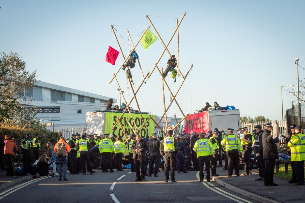 Protesters block access to a printing house in Broxbourne