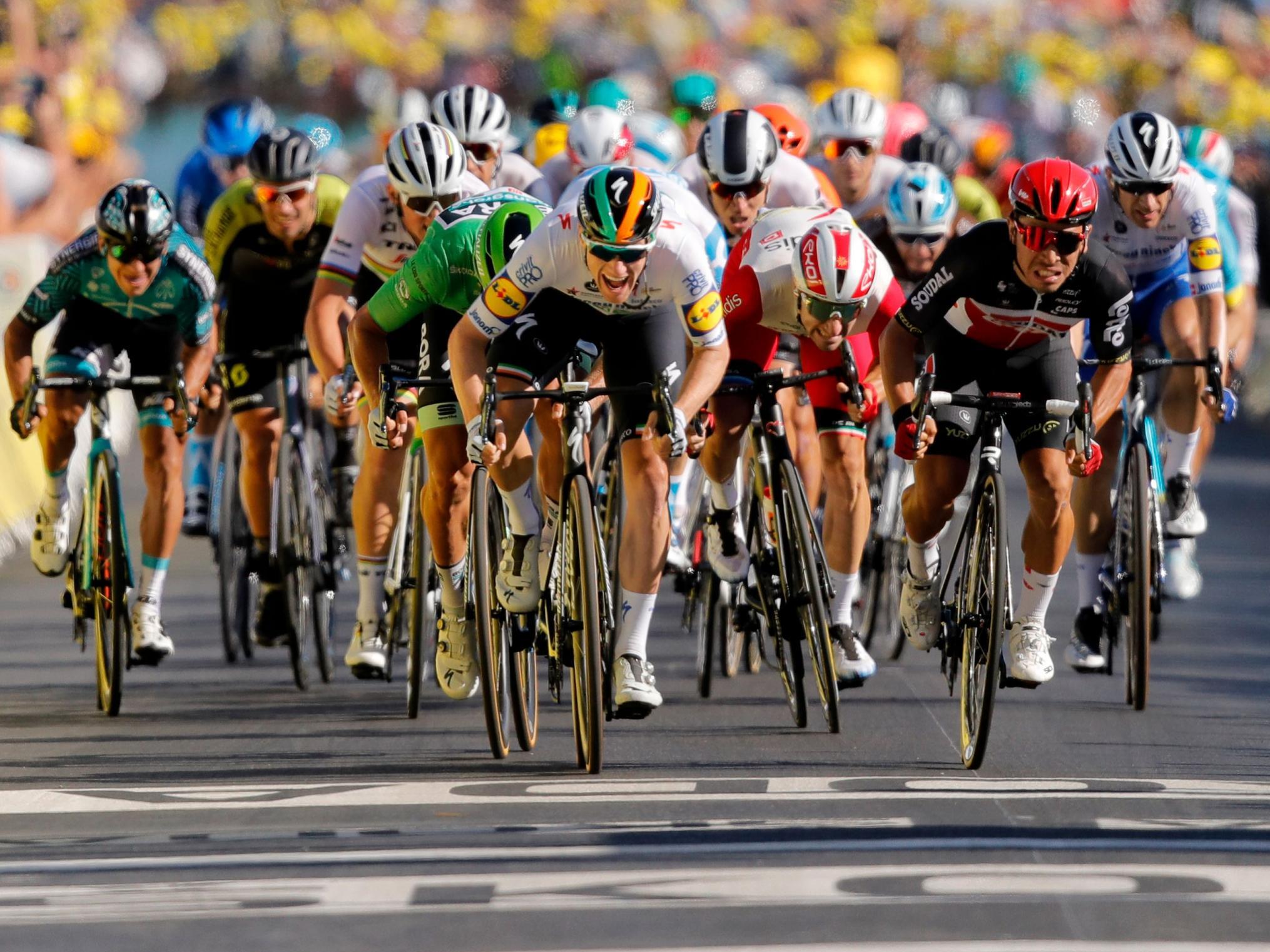 Sam Bennett (centre) won two stages of the 2020 Tour de France for Deceuninck-QuickStep