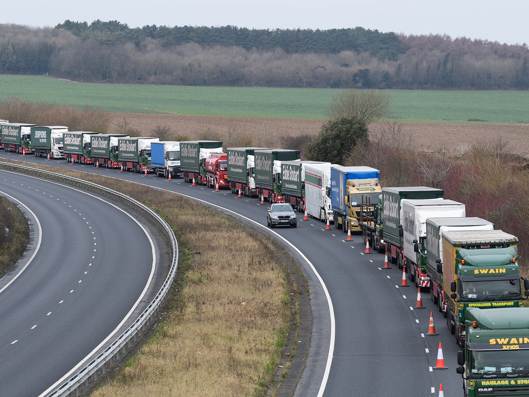 A queue of haulage trucks making their way to Dover ferry port