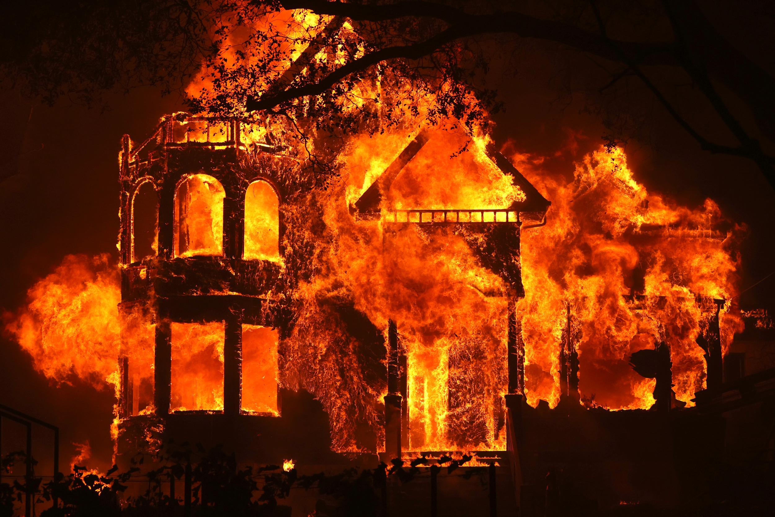 The Glass Mountain Inn burns as the Glass Fire moves through the area in St. Helena, California. The fast moving Glass fire has burned over 1,000 acres and has destroyed homes