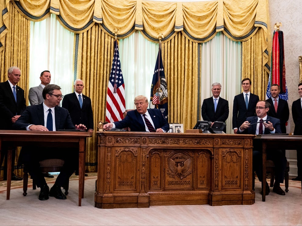 Donald Trump with Serbian president Aleksandar Vucic (left) and Kosovo PM Avdullah Hoti (right) in the Oval Office in September 2020