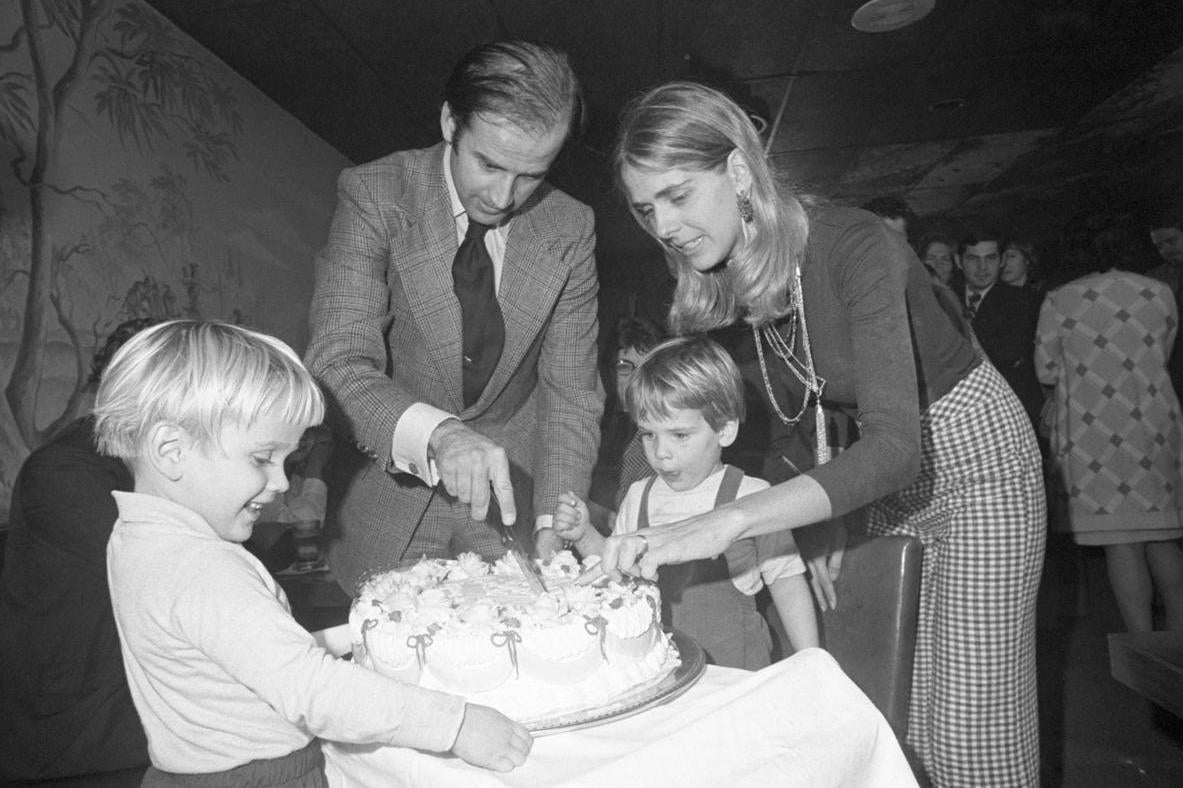 Joe Biden and wife Neilia cut his 30th birthday cake at a party on 20 November 1972