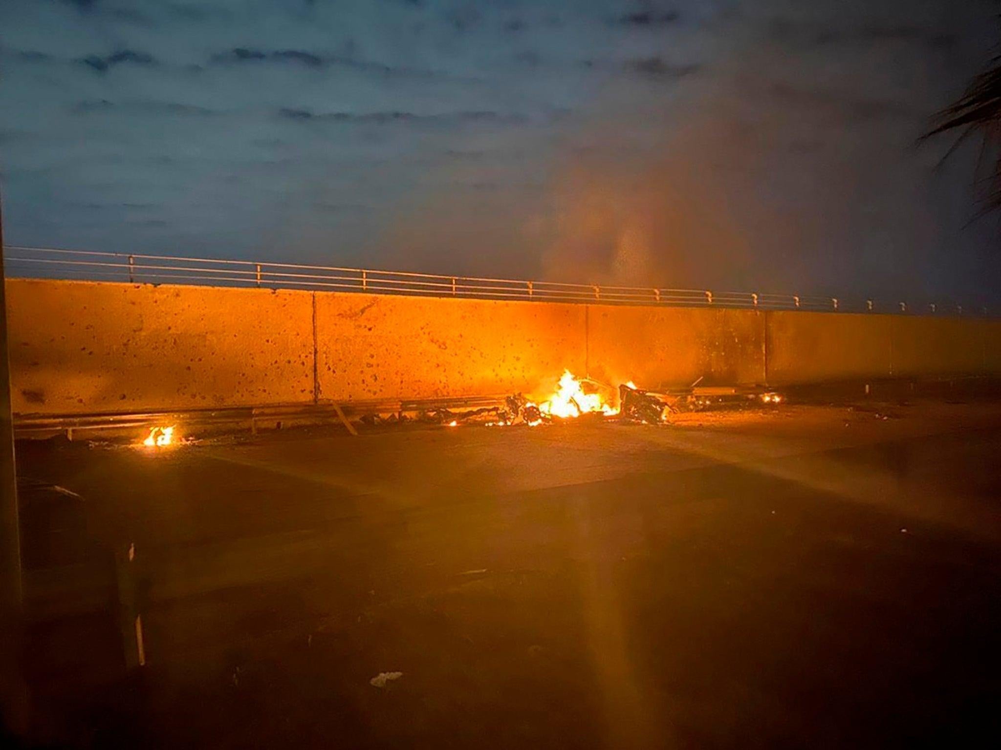 A burning vehicle at the Baghdad International Airport after an airstrike in January. US military killed General Qassem Soleimani at the direction of Trump