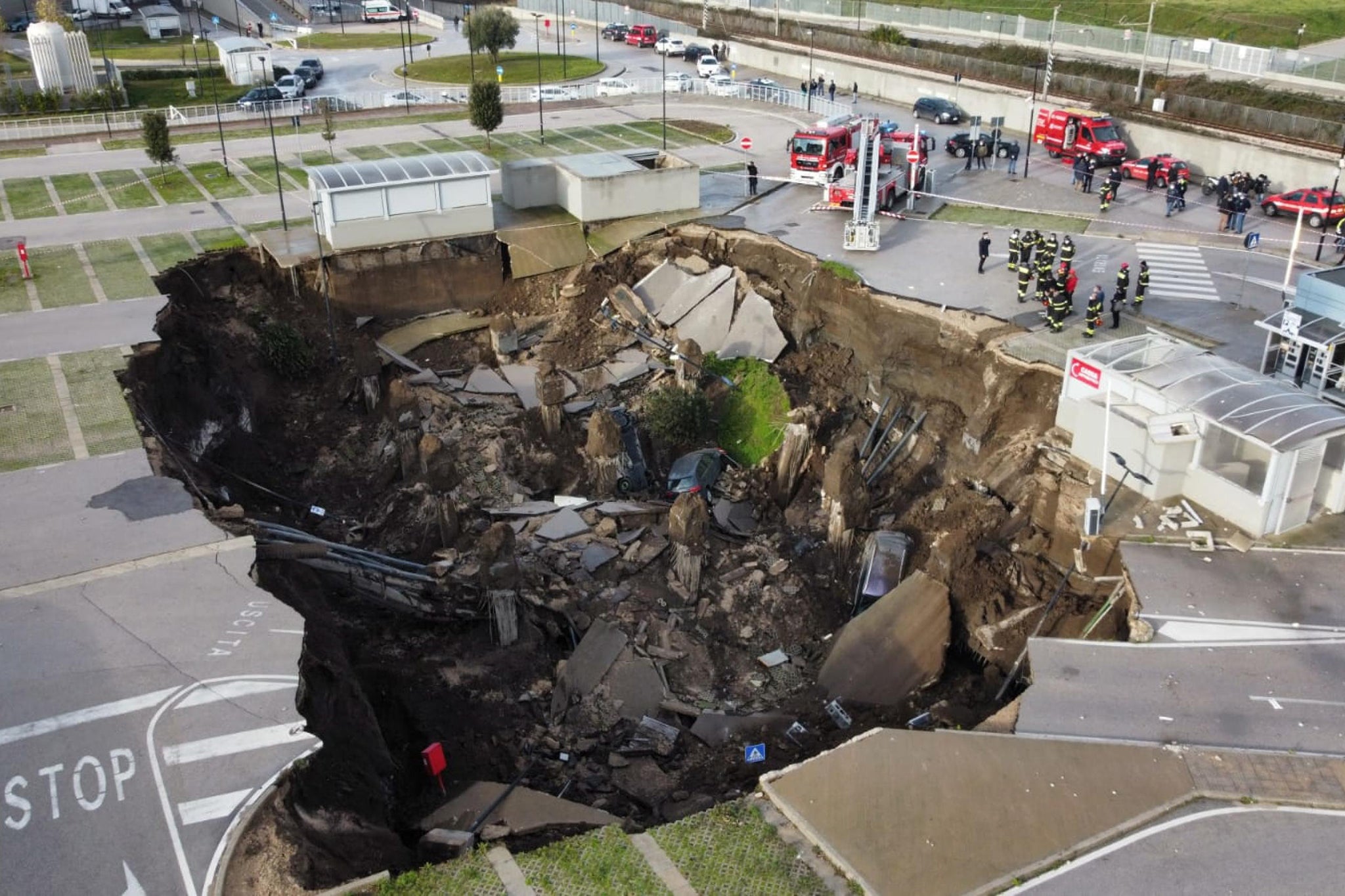An aerial view of the sinkhole in the Ospedale del Mare car park in Naples