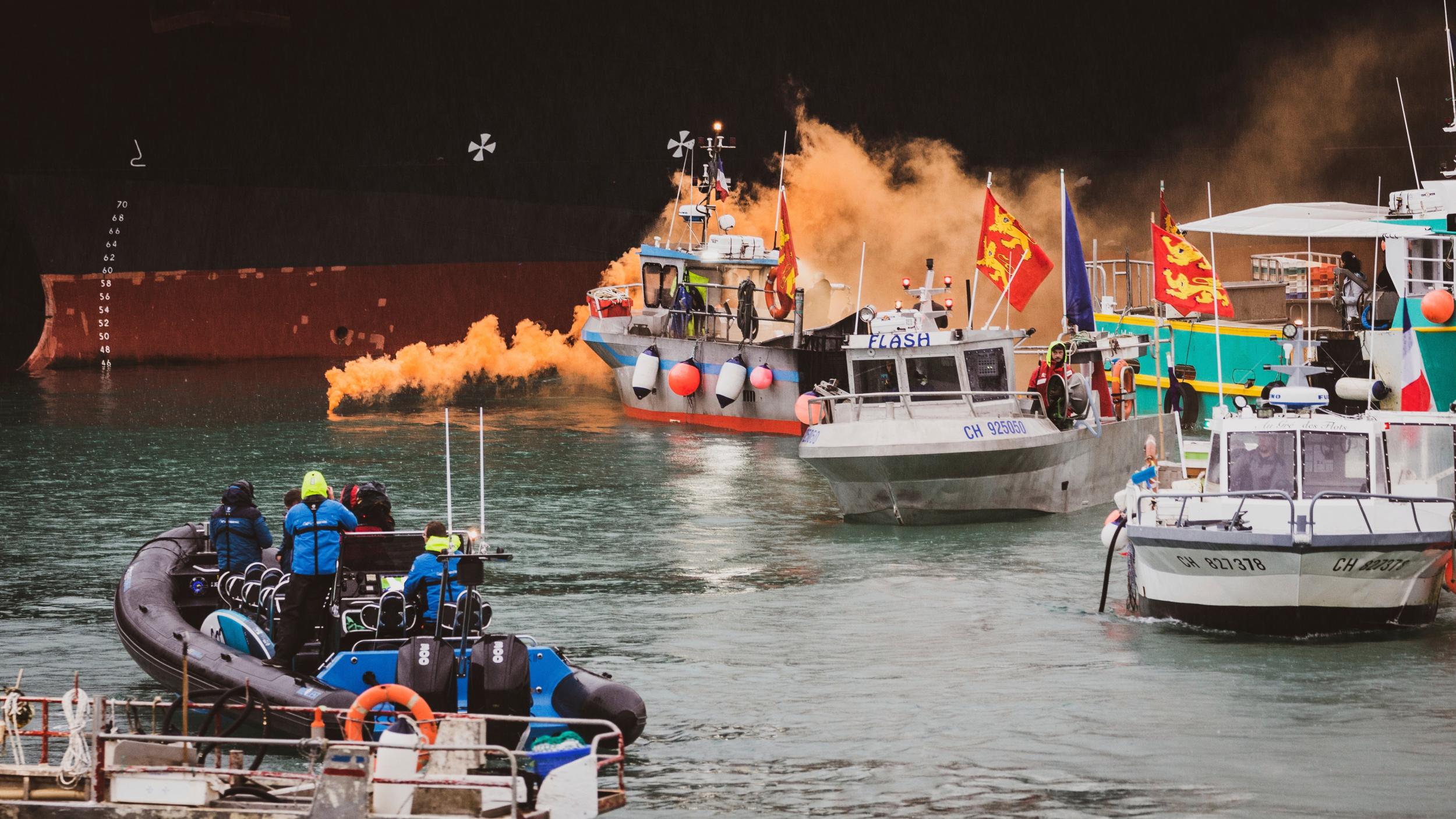 Fishing vessels protest off the coast of Jersey on 6 May, 2021